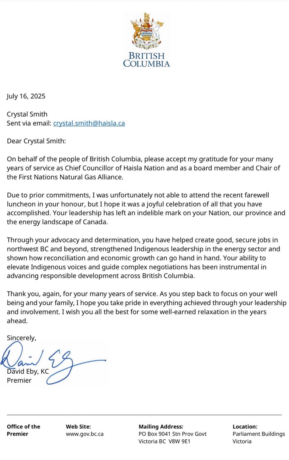 Photo: Premier's letter to Crystal Smith