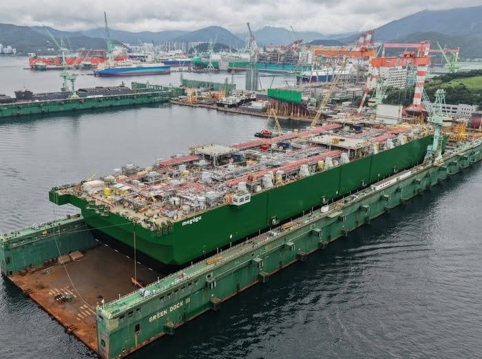 Aerial photo of hull for Cedar LNG's floating plant